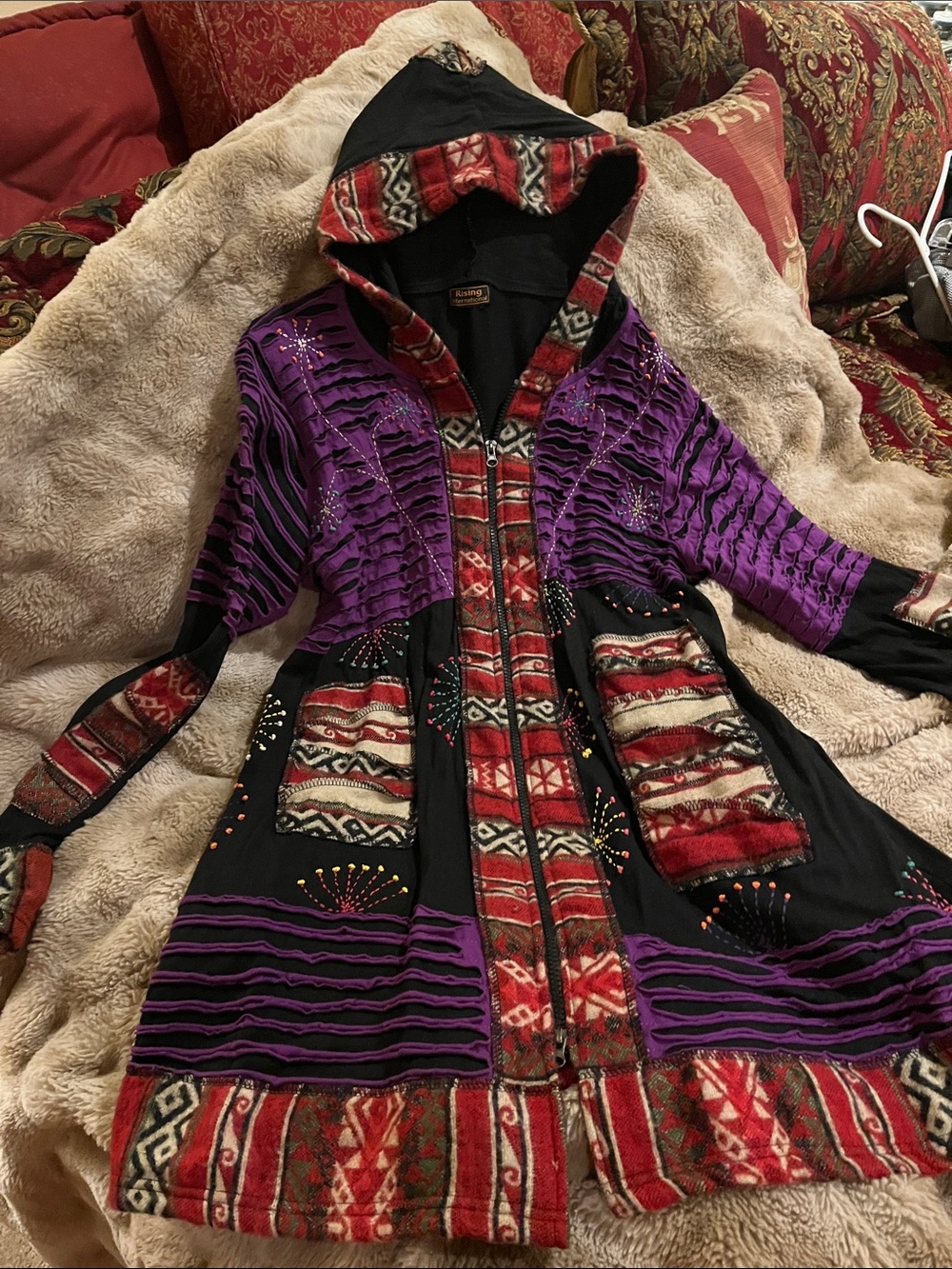 Rising International Purple & Red Hooded Patchwork Utility Jacket